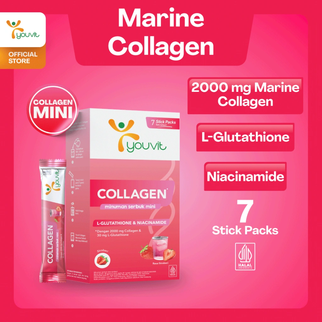 Minuman Serbuk Kolagen | Youvit Mini Collagen Drink 7 Hari untuk Anti Aging, Lebih Glowing dengan Collagen, L-glutathione, Niacinamide