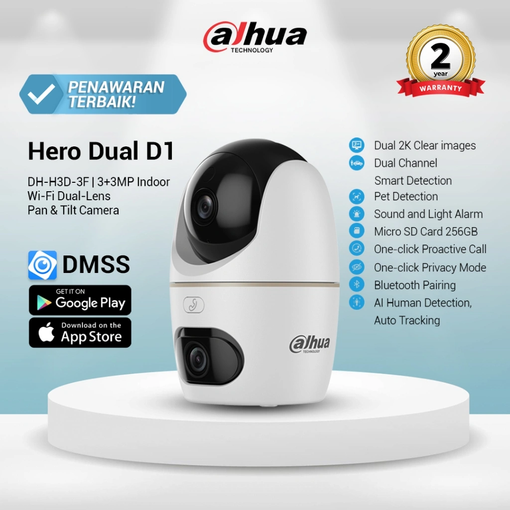 Dahua Hero Dual D1 DH-H3D 3MP IPC-H3DP-3F-0360B | Kamera CCTV Smart Indoor Dual-Lens Wi-Fi Camera - AI Human & Pet Detection - Pan & Tilt - Night Vision - IP Camera Wifi CCTV