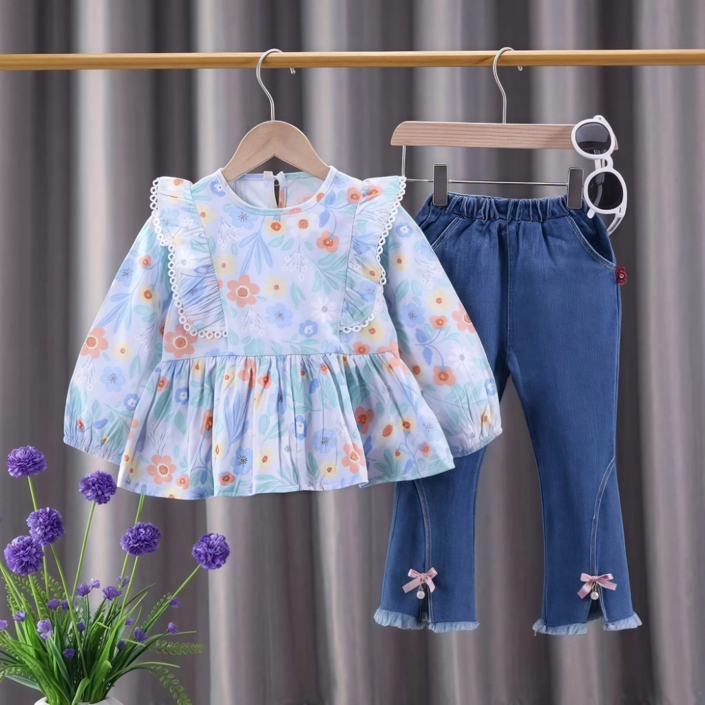 KFCAT Setelan Baju Anak Perempuan Lengan Panjang Katun Jeans Motif Bunga Casual Style Usia 1-4 Tahun