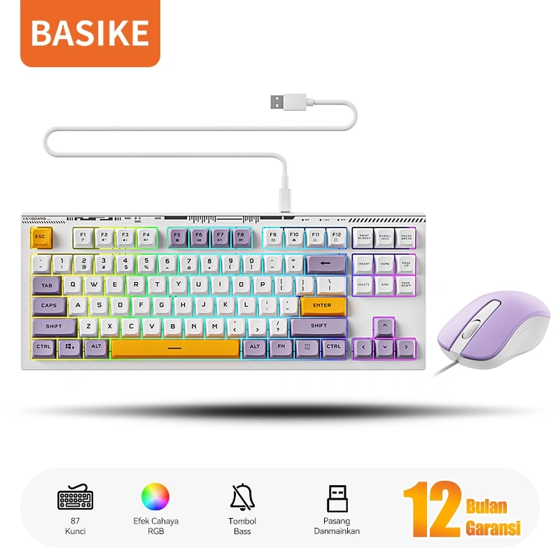 [HOT]BASIKE Keyboard Mouse 1 Set Wired kabel USB RGB Silent Click Mini untuk Laptop Komputer Tablet
