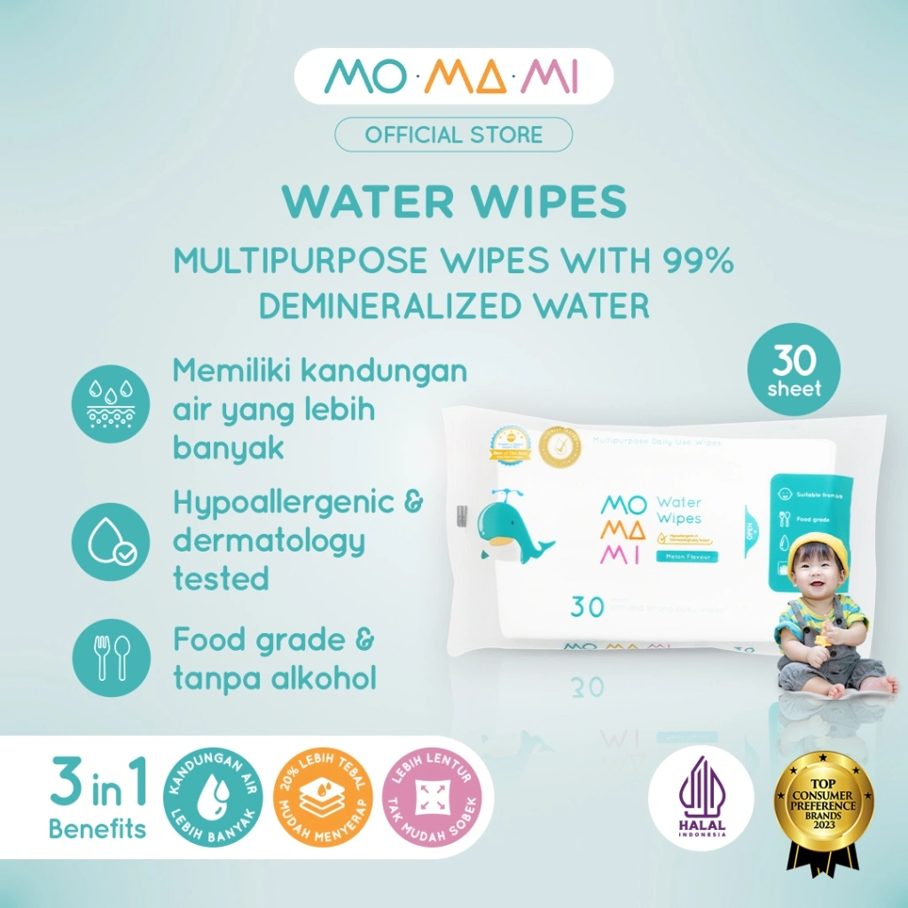Momami Wet Tissue Baby Water Wipes - Tisu Basah 99% Air Murni Untuk Bayi  (30 Lembar)​