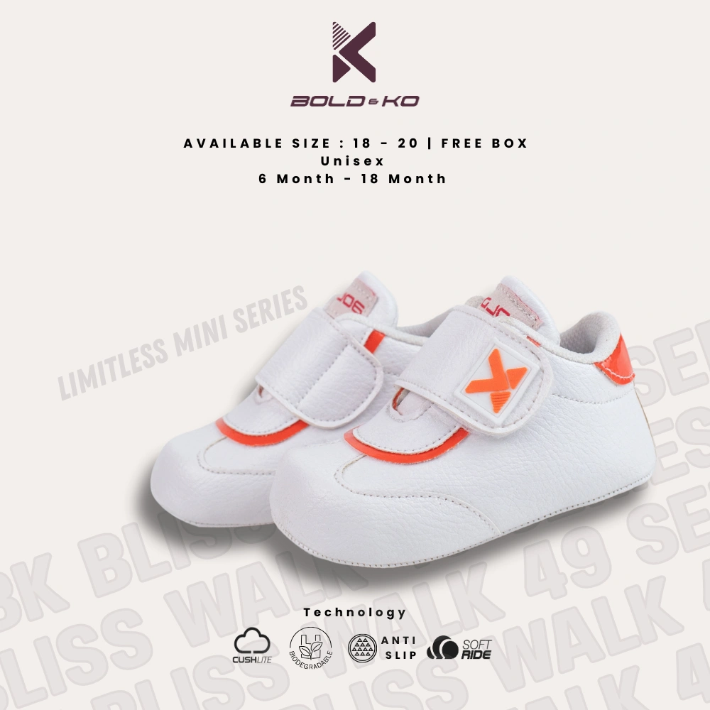 BOLD&KO Bk Bliss Walk 49 Sepatu Bayi Premium Putih Oranye / Sepatu Bayi Cowok / Sepatu Bayi Cewek