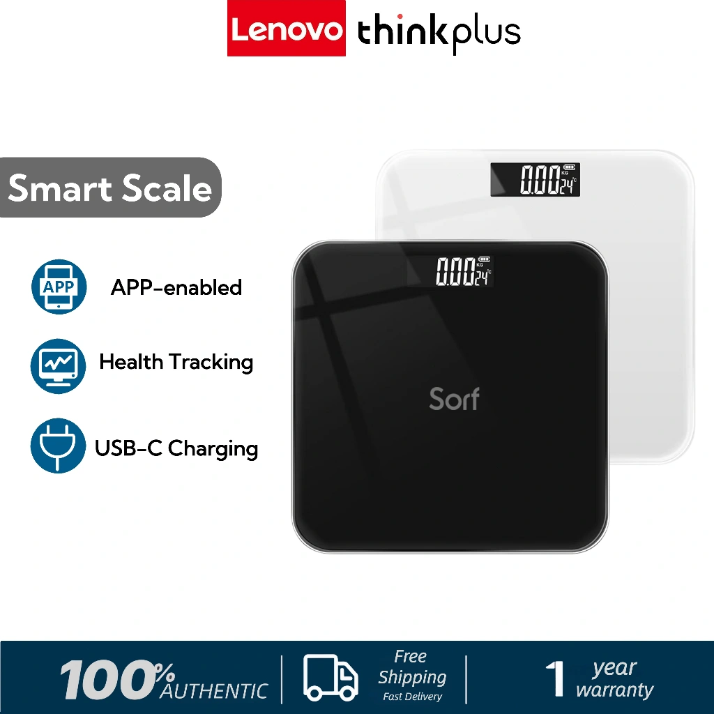 Lenovo x Sorf Smart Timbangan Badan Bluetooth 180kg Capacity LED Display with INDOOR TEMP Health Monitoring via APP Type-C Charging & Long Battery Life
