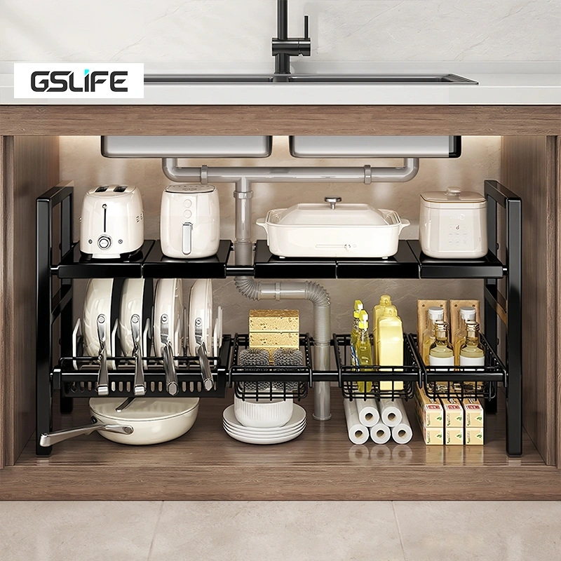GSLIFE Rak Panci Dapur Stainless Steel Expandable Rak Serbaguna Rak Panci Wastafel Dapur Di Bawah
