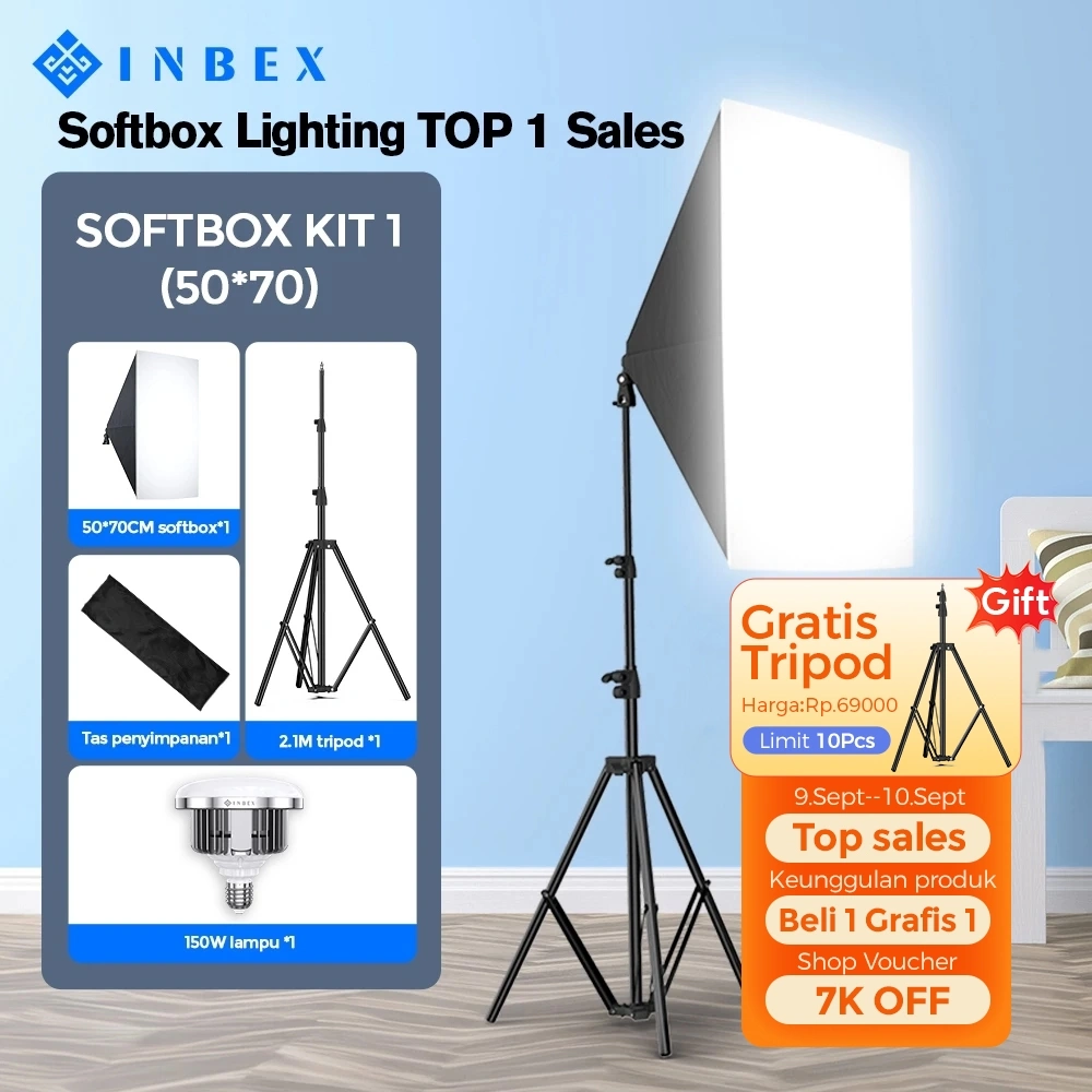 INBEX Softbox Lighting Potret Fotografi 50x70cm lampu konten kreator lampu foto 3 suhu warna lampu for Live/Video/Photo