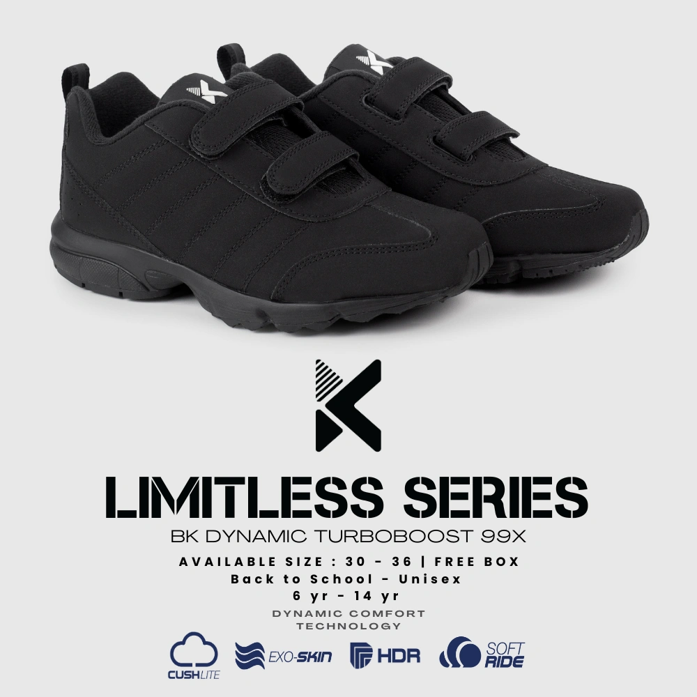 BOLD&KO Dynamic TurboBoost Hitam Sepatu Anak Sekolah Premium - Ringan, Nyaman, Unisex | Uk 30-36