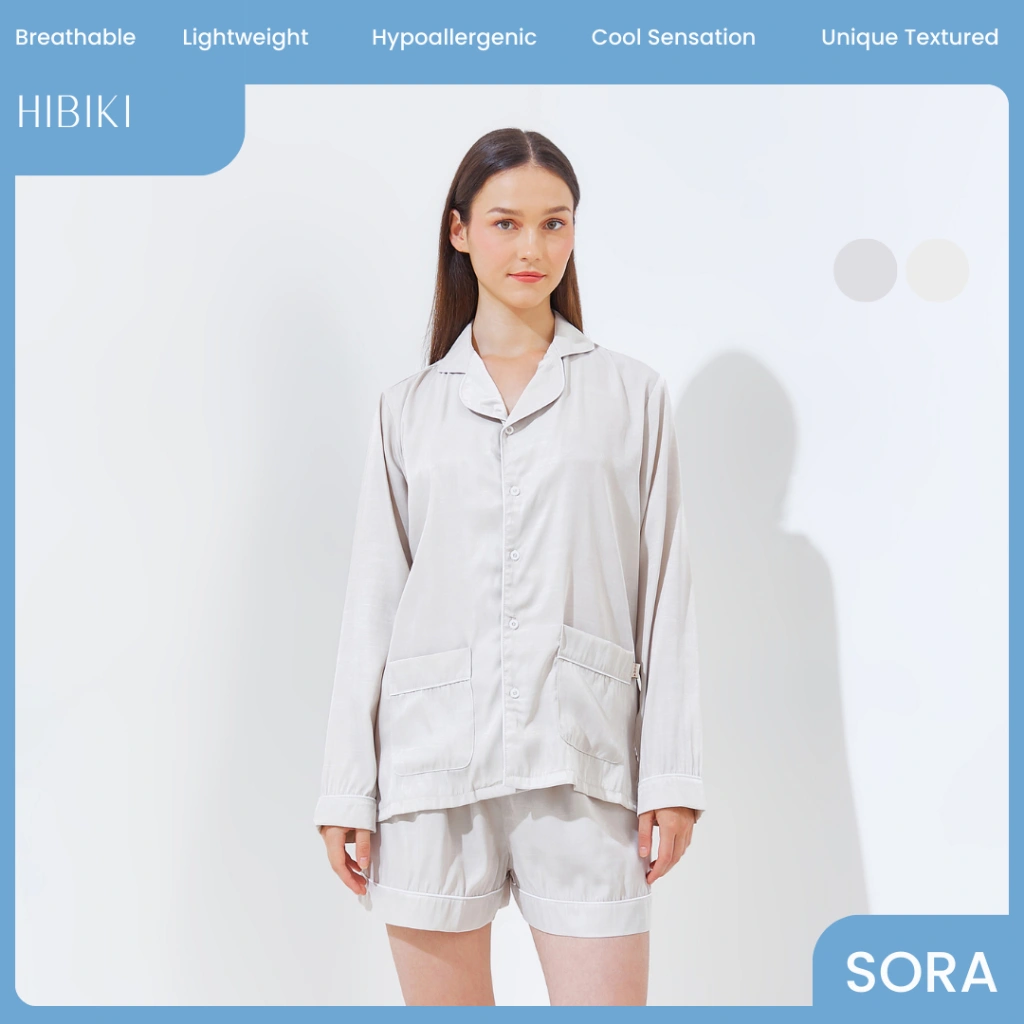SORA Hibiki Piyama Wanita – Set Lengan Panjang Celana Pendek Ivory - Putih  | Bamboo Viscose