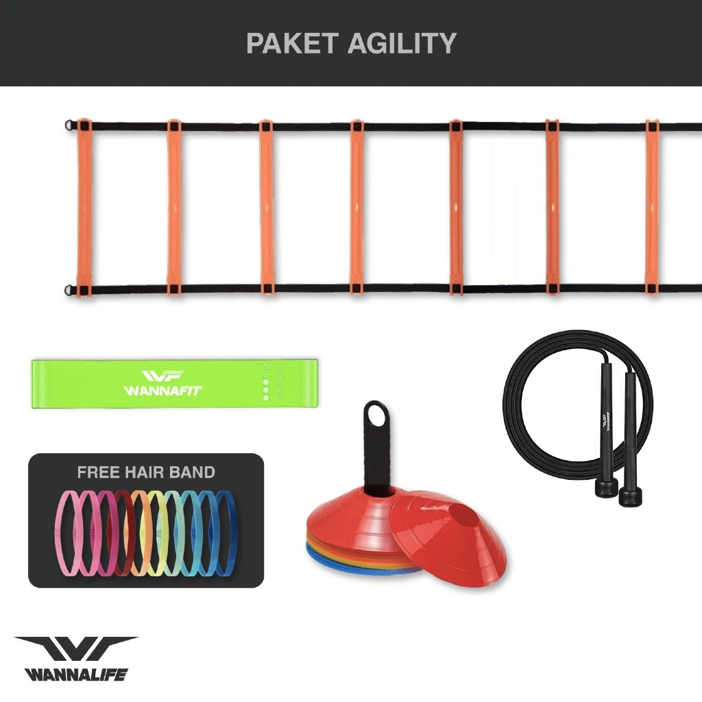 Paket Agility Wannafit | Agility ladder Kun Mangkok 10Pcs Skipping Fitcoach Loop Merah Free Hairband