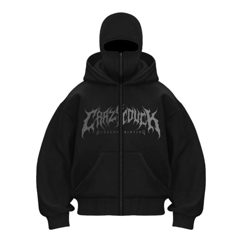 Hoodie Balaclava Zipper Reflektif Sablon Frenemy metal crazyduck Jaket Boxy Hitam Pria Wanita