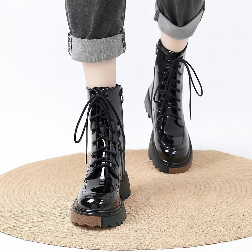 Sepatu Boots Wanita Hitam Kulit Glossy Lace Hak Flats Combat Shoes Korea S16