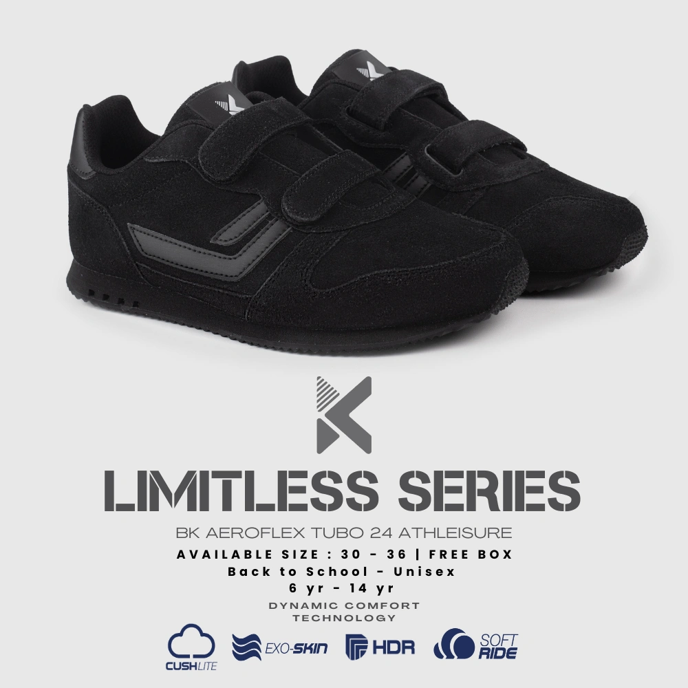 BOLD&KO AeroFlex Hitam Sneaker Sekolah Anak Premium - Unisex | Sepatu Anak Nyaman Anti Slip Ringan