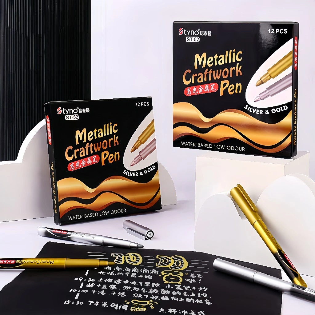 Spidol Metalik Tahan Air Emas/Perak/Putih - Marker Permanent Ban Motor & Mobil, High Gloss Craftwork Scrapbook Pen, Tinta Logam Tahan Lama GN-550