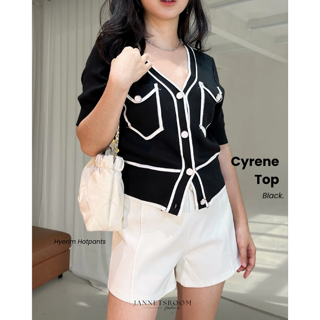 Cyrene  Top Baju Atasan Wanita Rajut Knit Lengan Pendek Korean Style Knitted List Blouse Melar by Jannetsroom