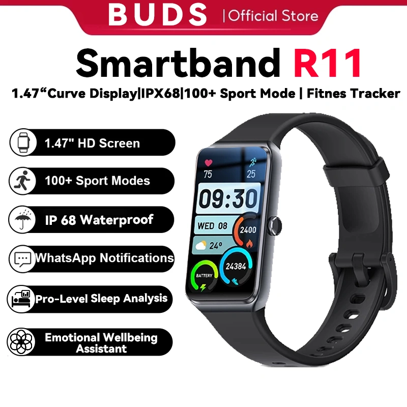 [BEST SELLER] BUDS Band R11 Smartband | Sleek Aluminum Alloy Case | Pro-Level Sleep Analysis | Emotional Wellbeing Assistant | Multiple Watch Faces Waterproof  | 100+ Sport Mode | Bluetooth Call