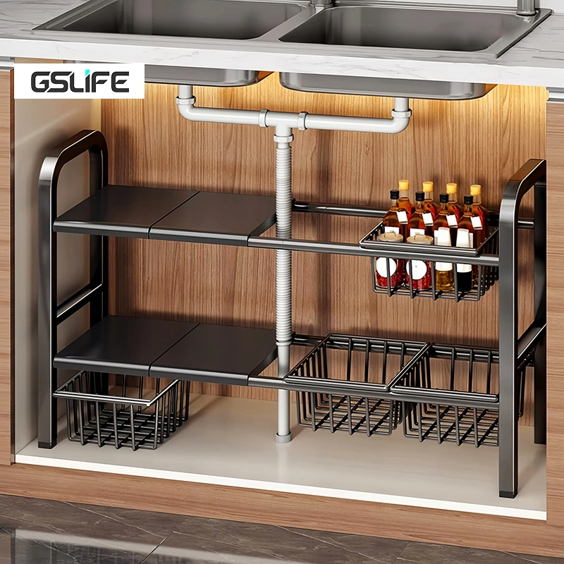 GSLIFE Rak Panci Dapur Rak Panci Wastafel Dapur Di Bawah Dapur Rak Serbaguna Dapur Bawah Sinki Stainless Steel yang Dapat Diperluas