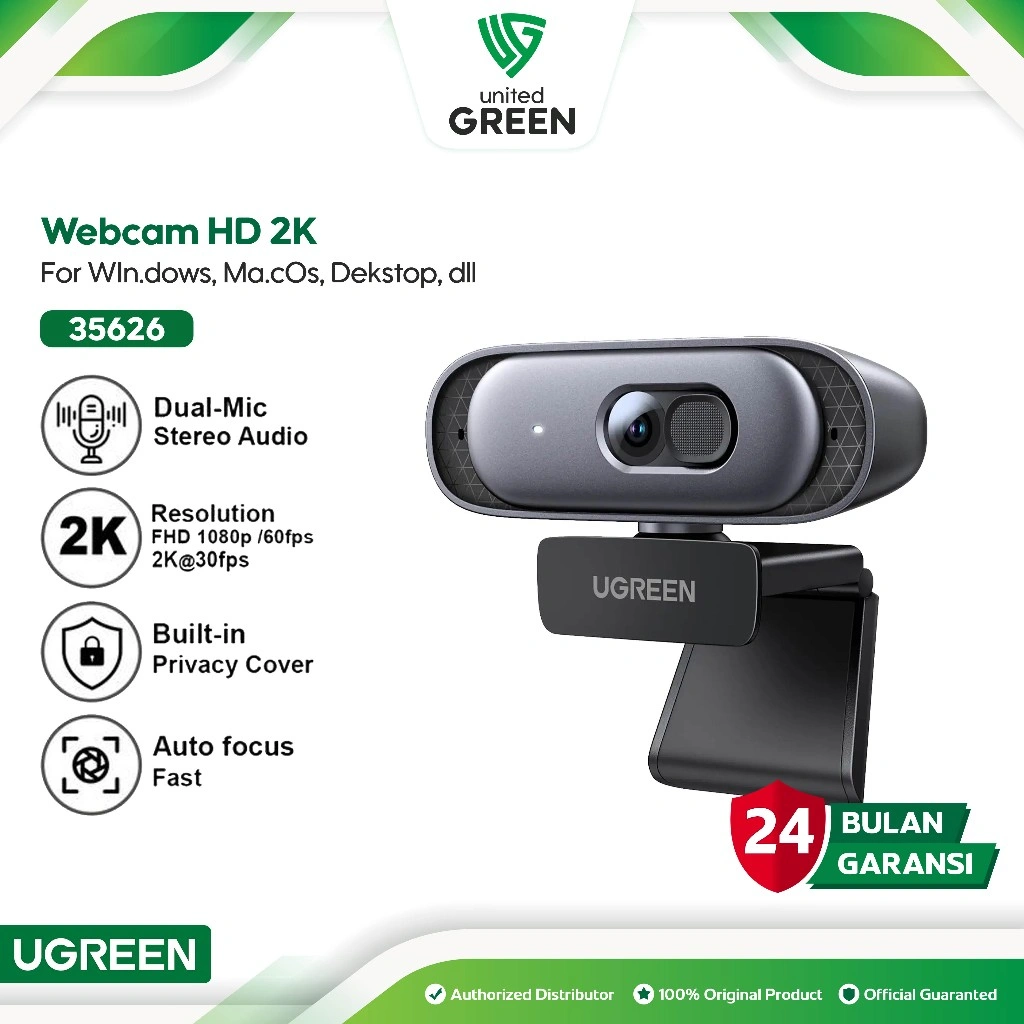UGREEN 35626 Webcam 2K Full HD Resolution 1080P 30fps Built in Dual Mic Auto Focus & Noise Cancelling Web Camera Microphone