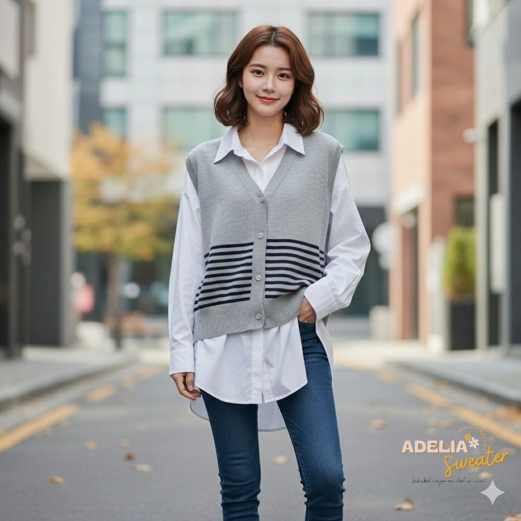 Stripped vest top Tshirt knitted wanita Outfits cardigan rompi Atasan seweater Hanya luaran nya saja