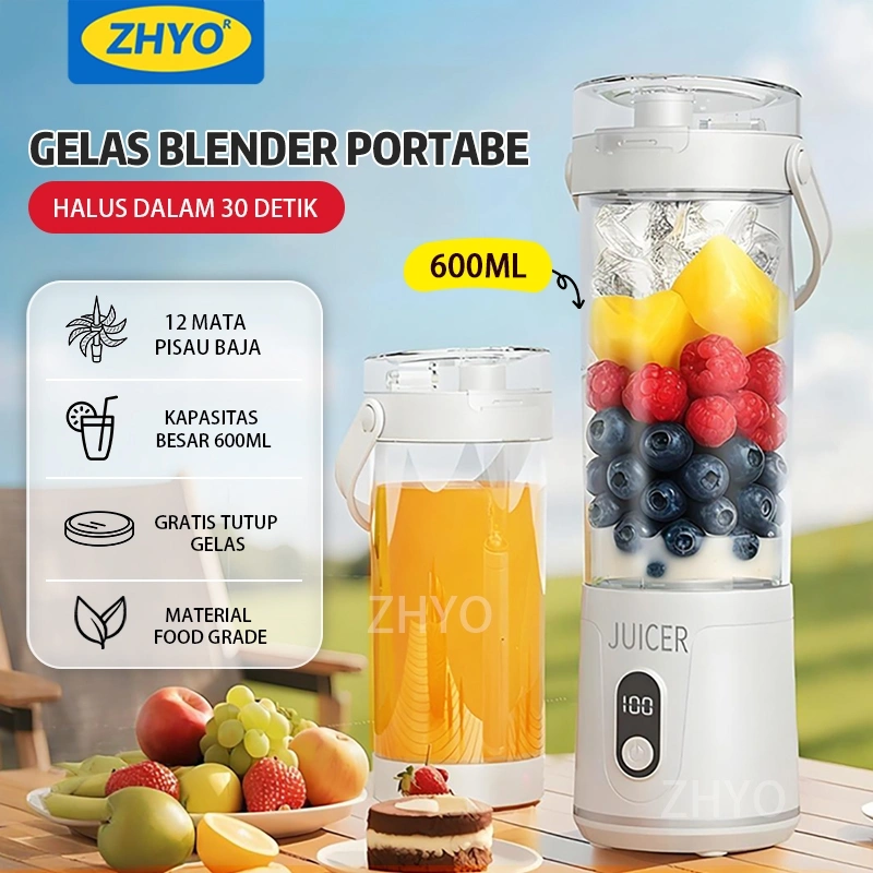 ZHYO Blender Portable 600ml Kapasitas Besar, 30 Detik Jus Cepat, 12 Mata Pisau Stainless, USB Rechargeable, Cocok untuk Buah, Sayur, Smoothie, Es Batu