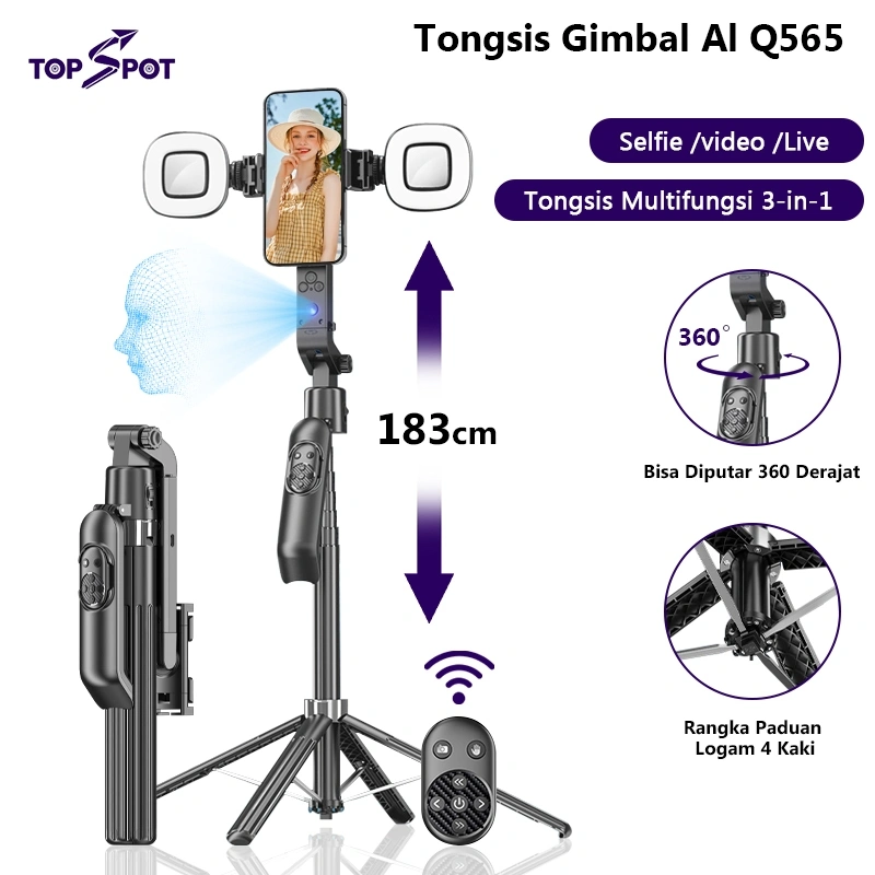 Topspot Q565 Auto Face Tracking Gimbal Bluetooth Gimbal Stabilizer Handphone Face Tracking Tripod Stabilizer 360° Rotation Tripod Bluetooth Remote Selfie Stick