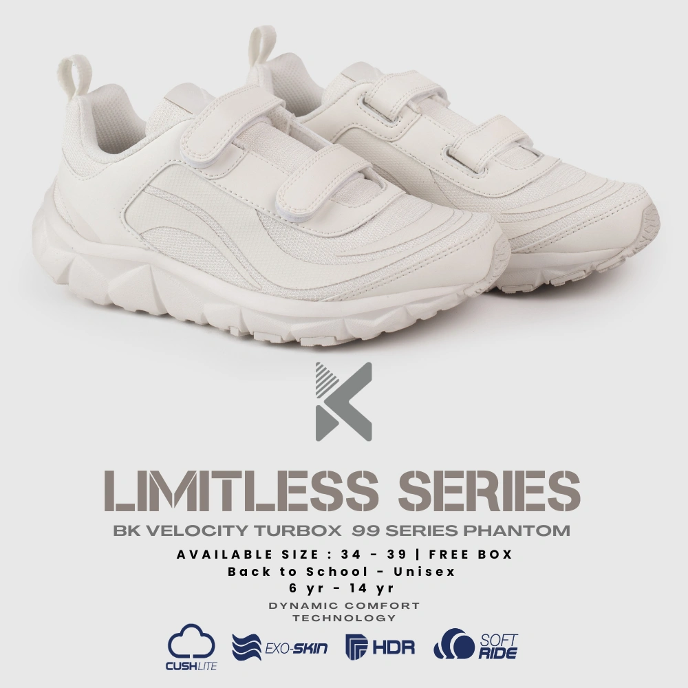 BOLD&KO Velocity TurboX 99 Putih Sepatu Anak Sekolah Premium  | Unisex, Nyaman, Ringan Uk 34–39