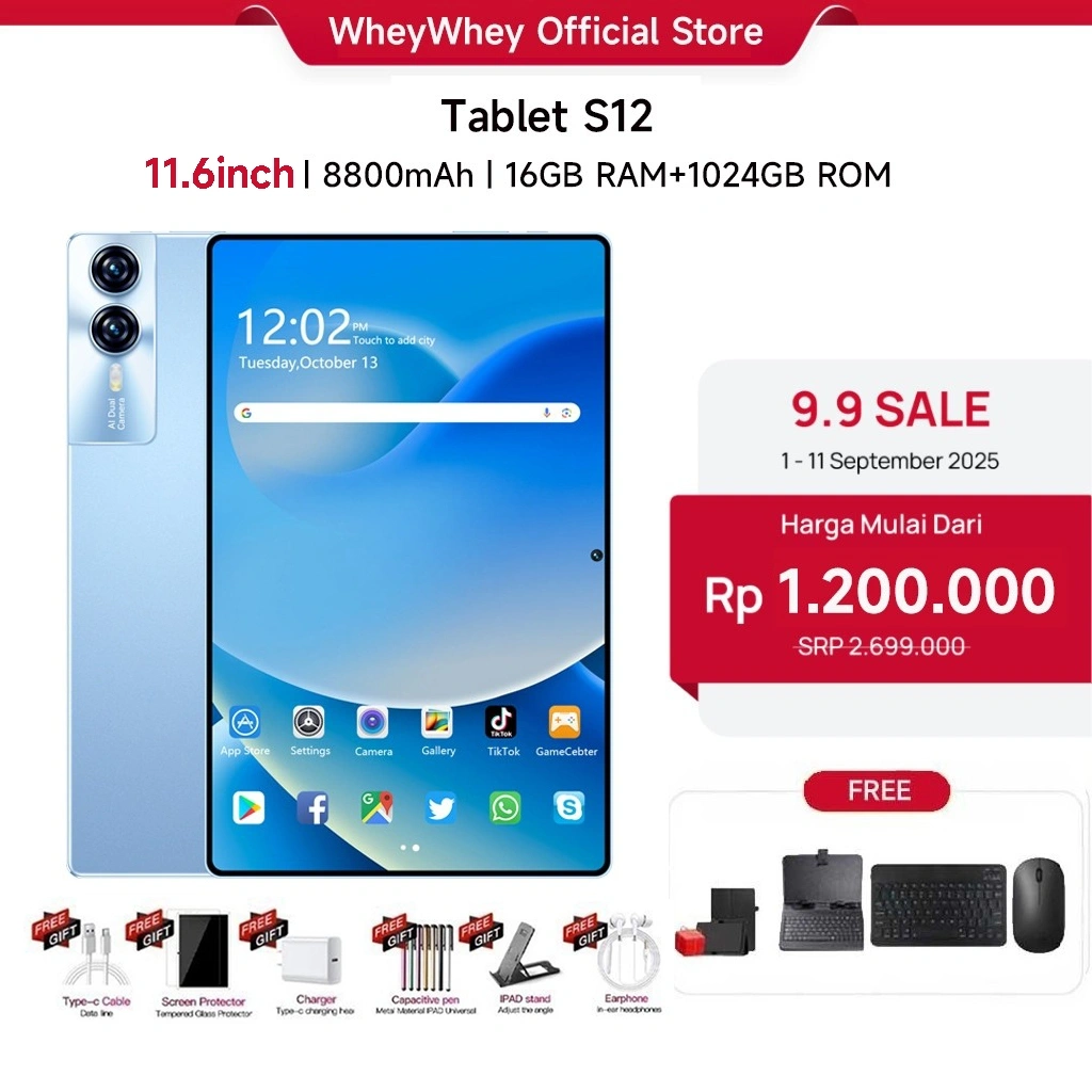 {Free+Keyboard+Mouse+Case} Wheywhey tablet android S12 11.6" 16GB+1024GB | Baterai 8800mAh | Kamera 58MP | 5G+WiFi+Dual SIM | Untuk Gaming & Belajar | IPS Full Screen | Android 13 | Garansi 1 Tahun advan tablet murah 100ribuan anak tablet android murah