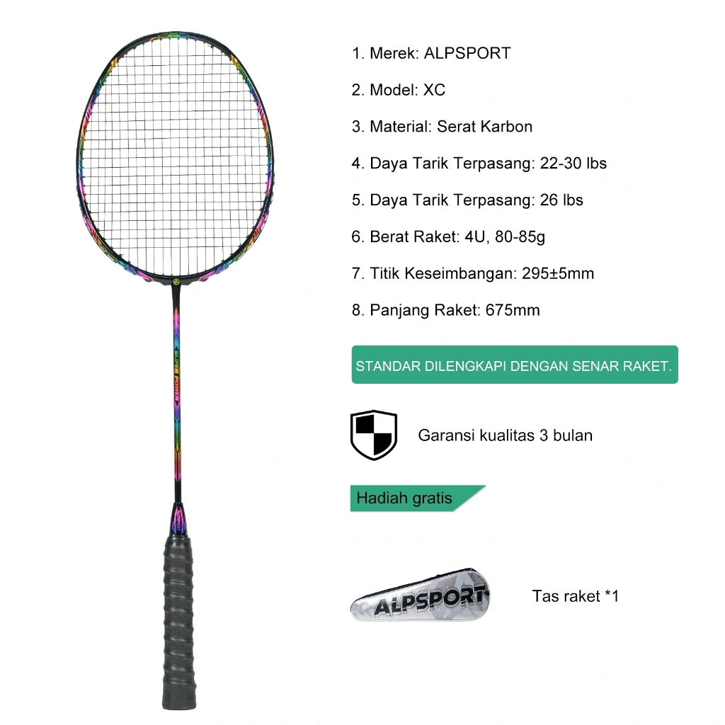 ALPSPORT XC Raketbulu Tangkis T800 4U Quick Rebond Shaft Raket Seimbang Ringan Profesional Max 32LBS Badminton Racket 100% Serat Karbon Asli untuk Dewasa Pelajar Pemula Mahir