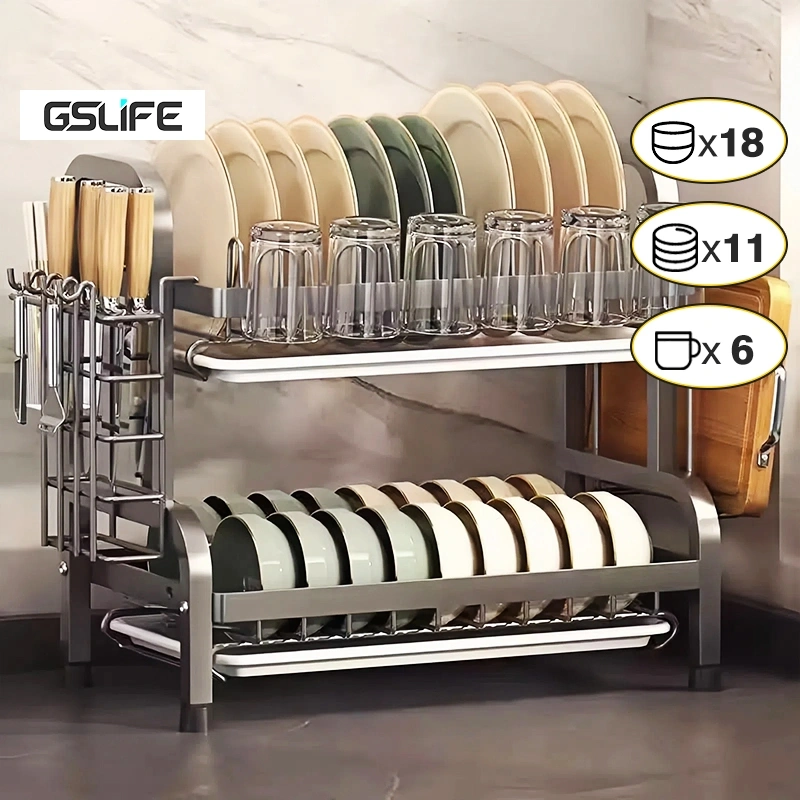 GSLIFE Rak Piring Stainless 2/3 Susun Rak Mangkuk Piring Rak Pengering Piring Rak Cuci Piring Rak Dapur Dengan Aksesoris