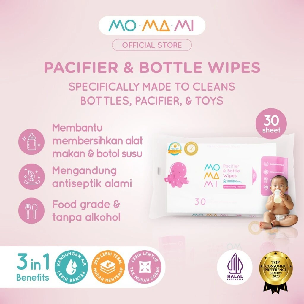 Momami Wet Tissue Baby Pacifier & Bottle Wipes - Tisu Basah Food Grade Membersihkan Dot & Botol Bayi