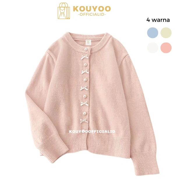 KOUYOO Coquette Cardigan Wol Pita Imut Ribbon Girly  Rajut Korean Style Knit Top Pink Putih Hijau
