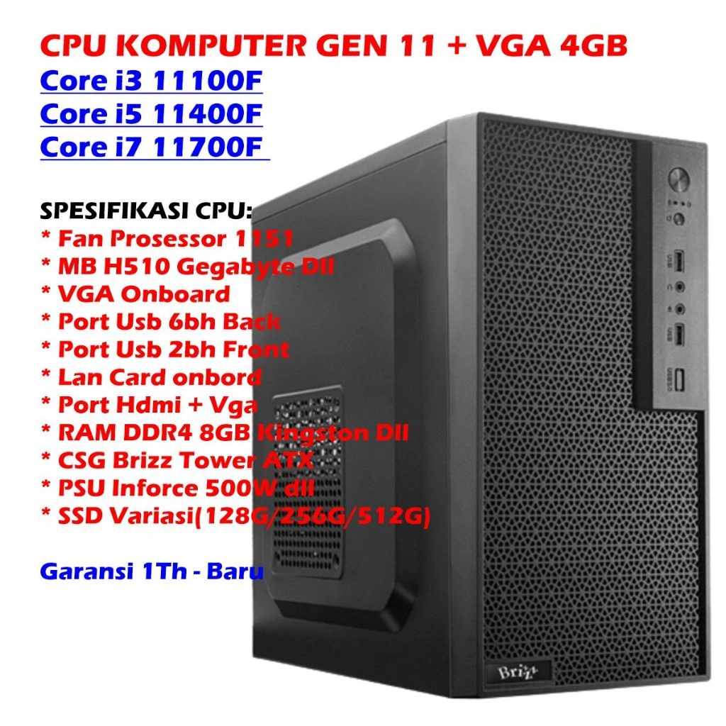CPU KOMPUTER INTEL GEN 11 CORE I5 11400F - CPU KOMPUTER INTEL GEN 11 CORE I5 11400F CPU CORE I5-11400F GEN 11 - CPU CORE I5-11405F GEN 11 – CPU CORE I5-11400F GEN 11 - RAM 8GB, SSD, VGA 4GB SOCKET 1200