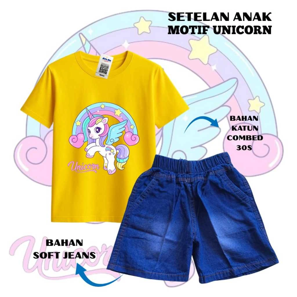 Setelan Anak Perempuan Kaos Distro Motif Unicorn Jeans Polos Usia 1-8 Tahun