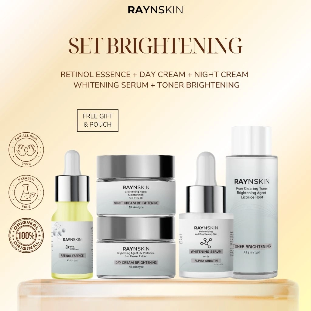 Paket Pemutih Wajah Combo [5in1] Raynskin Skincare Brightening Glowing Set Moizturizer Cream Serum Essence Toner Melembabkan | Pencerah | Anti Wrinkle