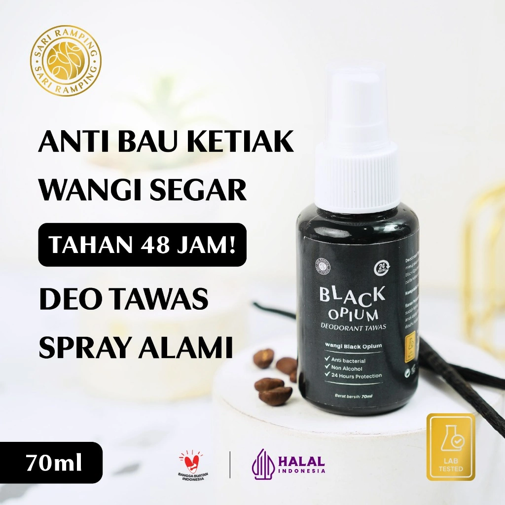 DEODORANT TAWAS BLACK OPIUM / TAWAS SPRAY 70ML / DEODORANT SPRAY AROMA / DEODORANT SPRAY TAWAS CAIR / DEODORANT SPRAY TAWAS MENCERAHKAN KETIAK /  DEODORANT SPRAY TAWAS BPOM / TAWAS SPRAY DARI BUMI / TAWAS SPRAY BEORGANIK / NUTRIFARM