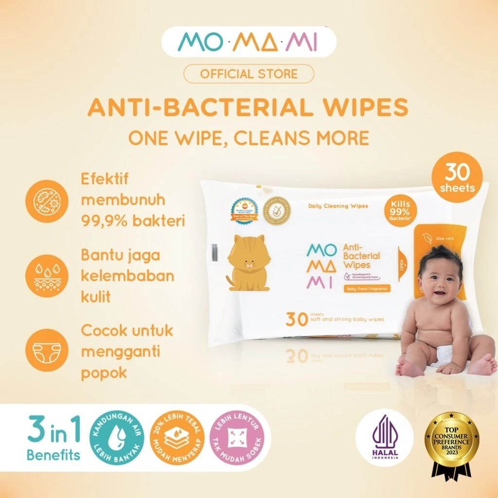 Momami Anti-Bacterial Wipes Baby Wet Tissue - Tisu Basah Tebal Ganti Popok Anti-Bakteri Bayi 30 Lembar