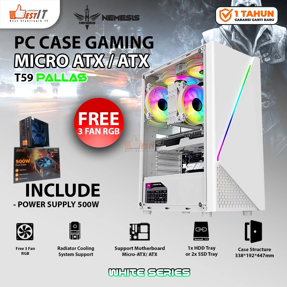 PC Case Gaming RGB M-ATX / ATX NYK Nemesis PALLAS T59 Casing Komputer White