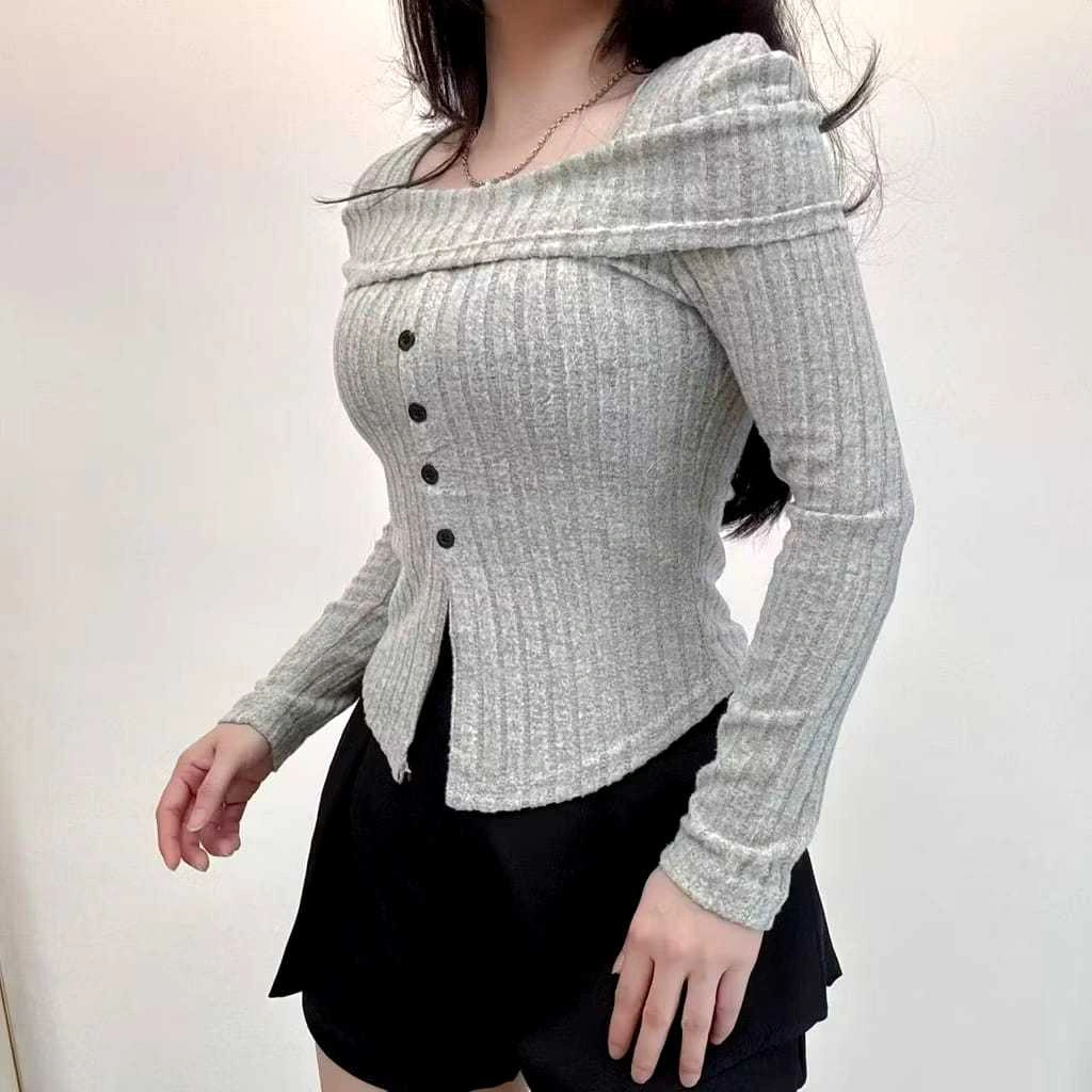 Sabrina Top Kancing Elegan Atasan Polos Knite Rib Panjang