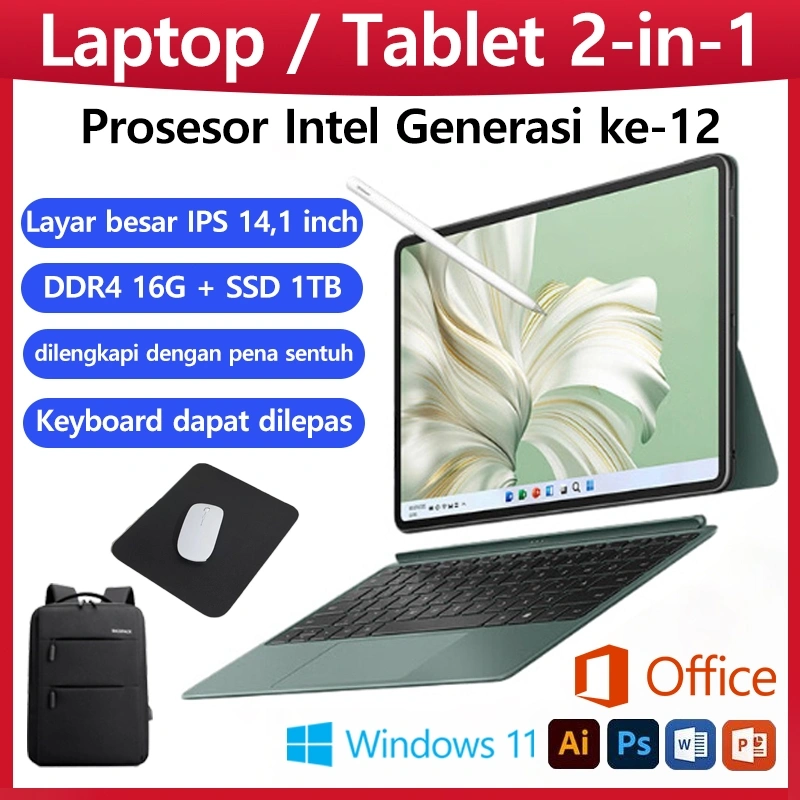 HUAV Laptop/Tablet 2-in-1 dengan layar sentuh, prosesor Intel Generasi ke-12, 14.1 inch, RAM 16GB + SSD 1TB, baru, mini, portabel, Windows 11 asli, cocok untuk game/desain/kerja/rumah, dilengkapi dengan pena sentuh