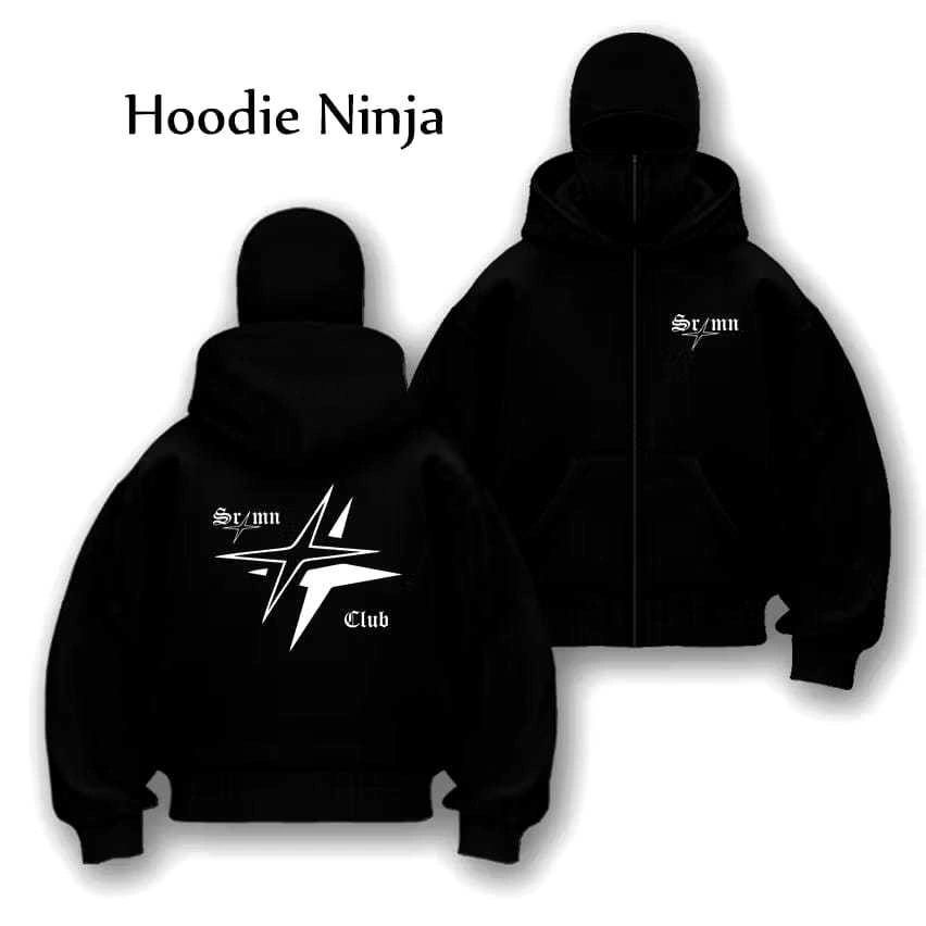 Hoodie Balaclava Zipper Reflektif Sablon Frenemy Jaket Boxy Hitam Pria Wanita