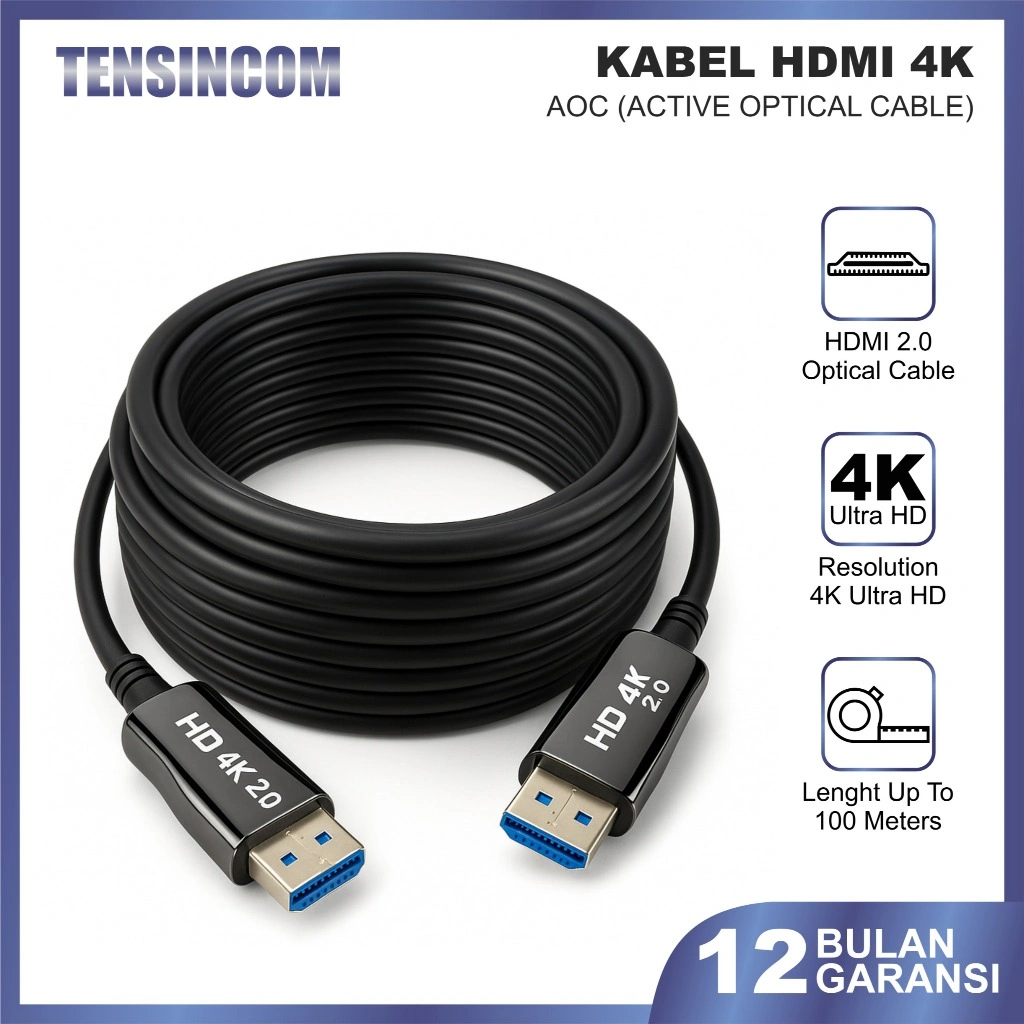 Tensincom Kabel HDMI Fiber Optic 10-100 Meter v2.0 – Support 4K UHD HDR 18Gbps, Kualitas Tinggi