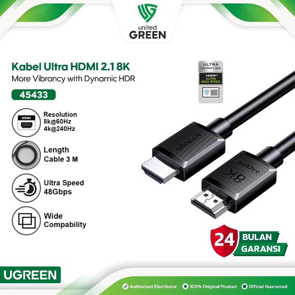 UGREEN 45433 Kabel HDMI to HDMI Male 2.1 8K 60Hz Ultra HD 3M 3 Meter 48Gbps 3D Gold Plated PVC HD104 Cable High Definition Multimedia Interface