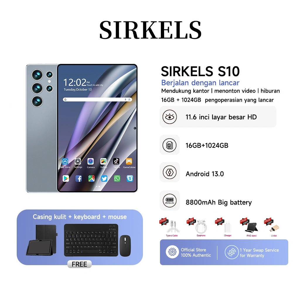 SIRKELS Tablet S10 | 11.6 inci | RAM 16GB + 1024GB ROM | Tablet + Mouse + Keyboard + Case | 5G Dual SIM Wifi | Layar besar
