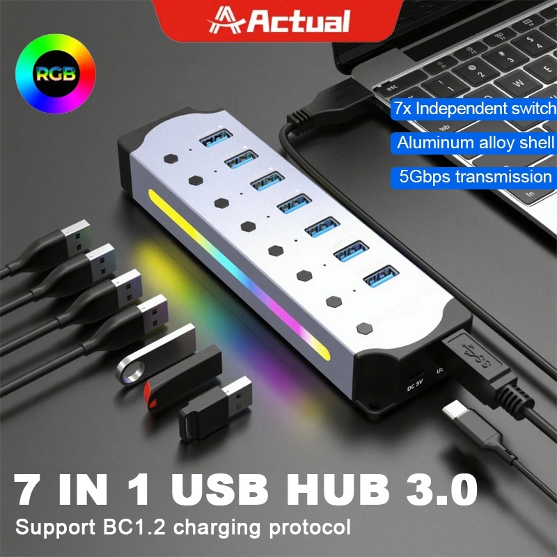 Actual【COD】7 Ports USB 3.0 Aluminum Alloy RGB Converter with Switch for Laptop PC Accessories