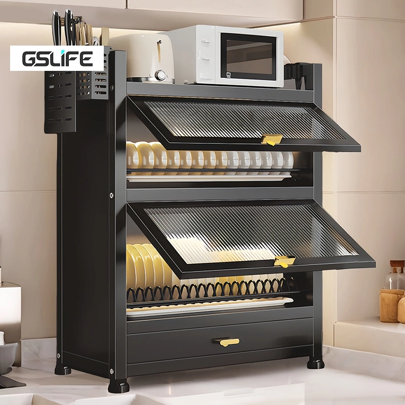 GSLIFE Rak Piring Tertutup dengan Laci Rak Lemari Rak Piring Stainless Anti Debu Rak Dapur Multifungsi