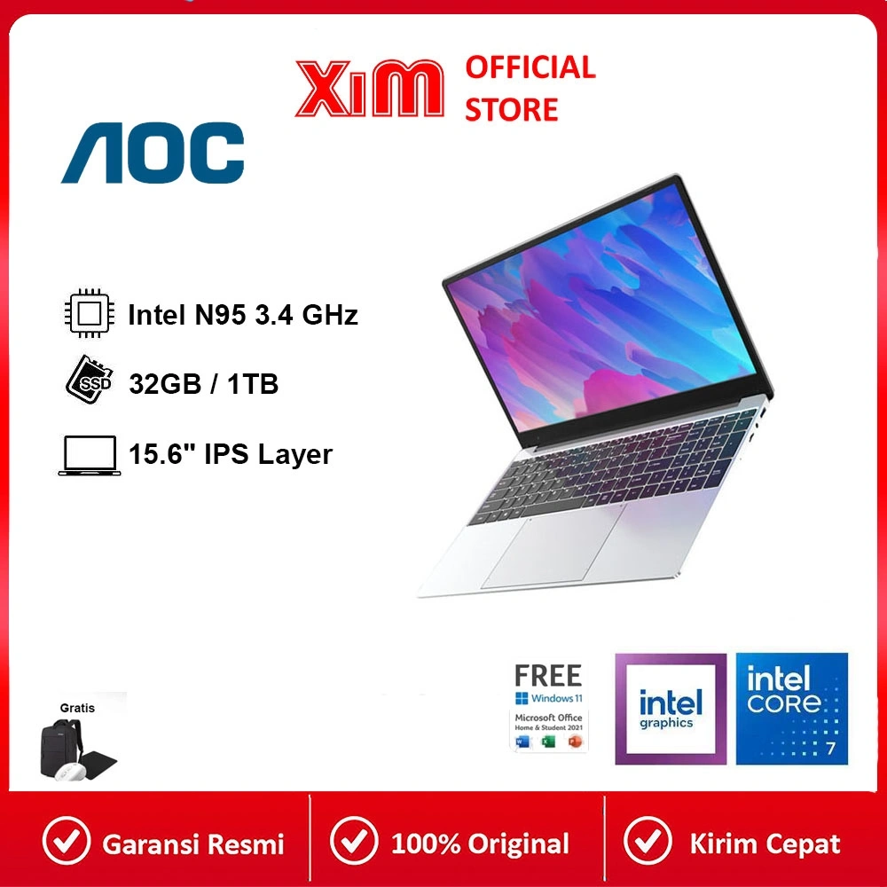 Xim PC AOC Laptop 15.6" Intel Core N95 Terbaru 2024 untuk Kantor, Game, dan Penggunaan Rumah - Desain Ringan, Portabel, Super Tipis. Memori 8GB, Pilihan Penyimpanan 256GB/512GB/1TB. Layar IPS Bezel-less 15.6 Inci Full D