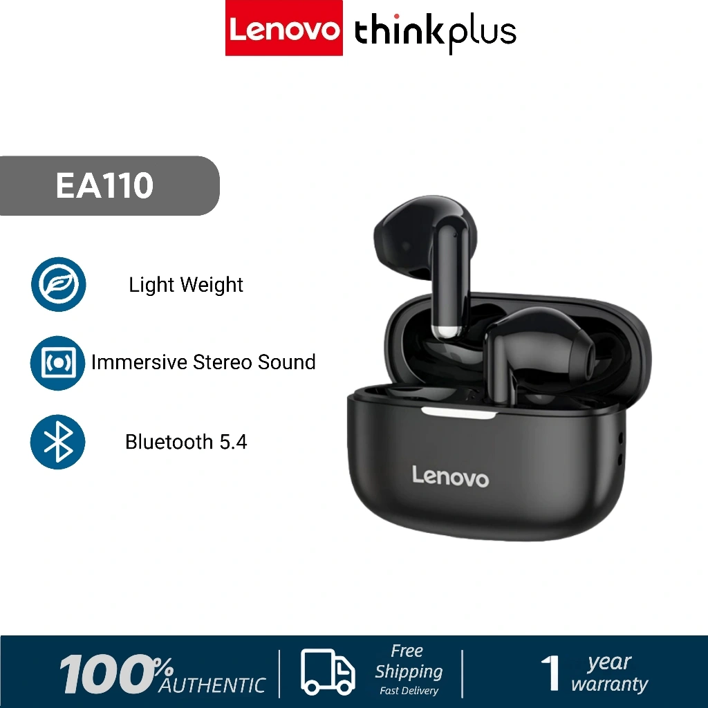 Lenovo EA110 TWS Bluetooth Earphone Mini Earbuds Noise Cancelling Headset Nirkabel HiFi Stereo Baterai Awet dengan Mic untuk iOS Android