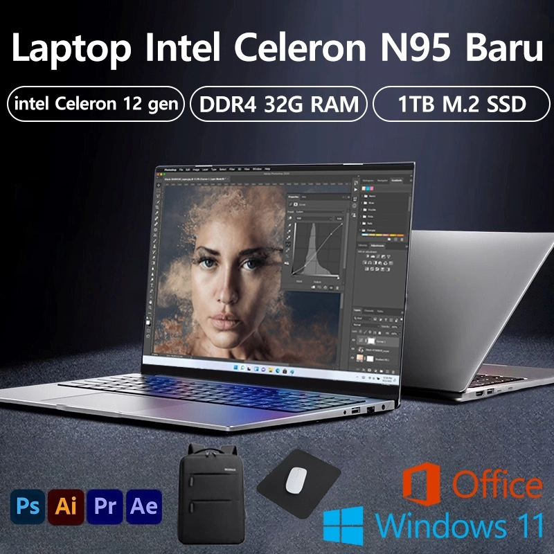 Kantor Laptop komputer 15,6 Inci/14.1 inch Terbaru 2025, 12 gen Prosesor Quad-Core, RAM 32GB DDR4, SSD 1TB, Office Windows 11 Terinstal, Garansi 1 Tahun