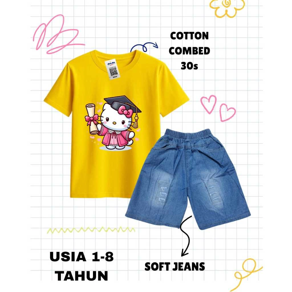 Setelan Anak Perempuan Kaos Distro Motif Hello Kitty Jeans Ripped Usia 1-8 Tahun