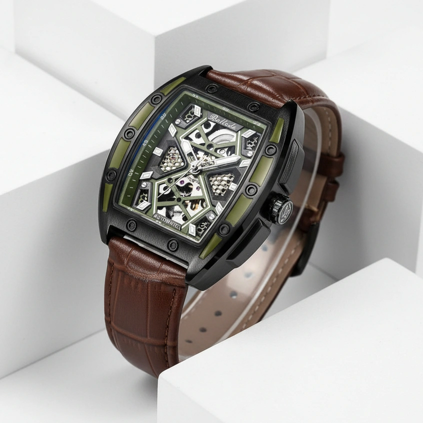 Jam Tangan Pria Belleda 9642 Automatic Kulit – Fashion Mewah, Anti Air 50M, Original + Bonus