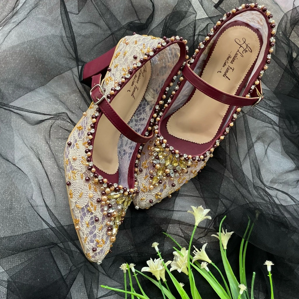 lusiana lee hyuna | sepatu payet pengantin pantofel sepatu pesta lamaran wedding shoes hak platform heels 2 warna cream mixs burgundi