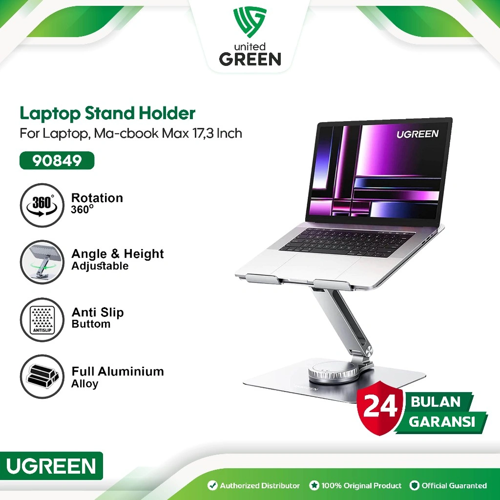 UGREEN 90849 Dudukan Laptop Stand Holder Full Aluminum Alloy Rotate 360 Degree for Macbook Notebook Ipad Tab Tablet Foldable Metal Meja Swivel Foldable Putar Kasir Derajat